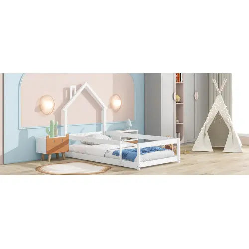 Twin Size Wood Bed With House-shaped Headboard Floor Bed With Fences,White My Store