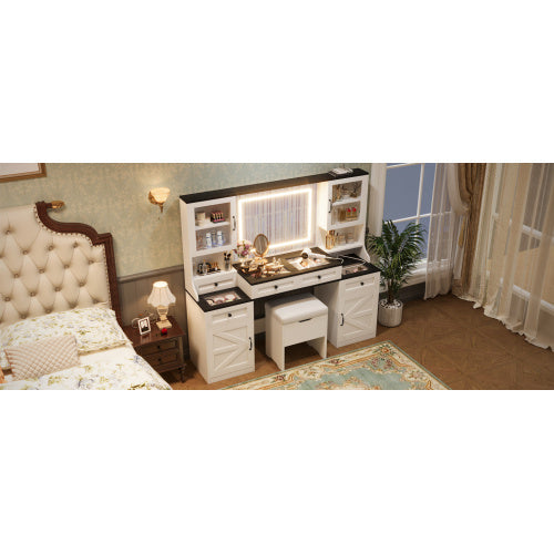 Farmhouse Vanity Desk With Mirror And LED Lights With 5 Drawers And 4 Cabinets And Cushion Stool Inkedjoy