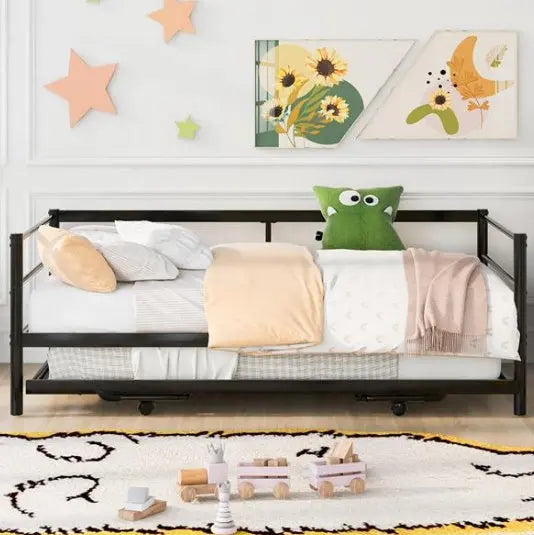 Double Metal Sofa Bed With Adjustable Wheels, Pop-up Wheels, Black My Store