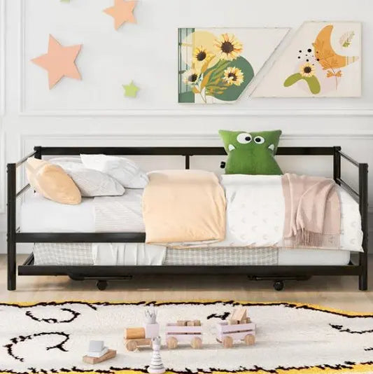 Double Metal Sofa Bed With Adjustable Wheels, Pop-up Wheels, Black My Store