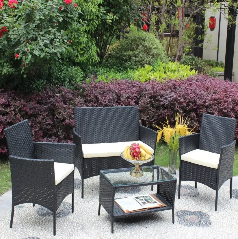 4PC Rattan Patio Set Outdoor Cushioned Wicker Sofa - Beige My Store