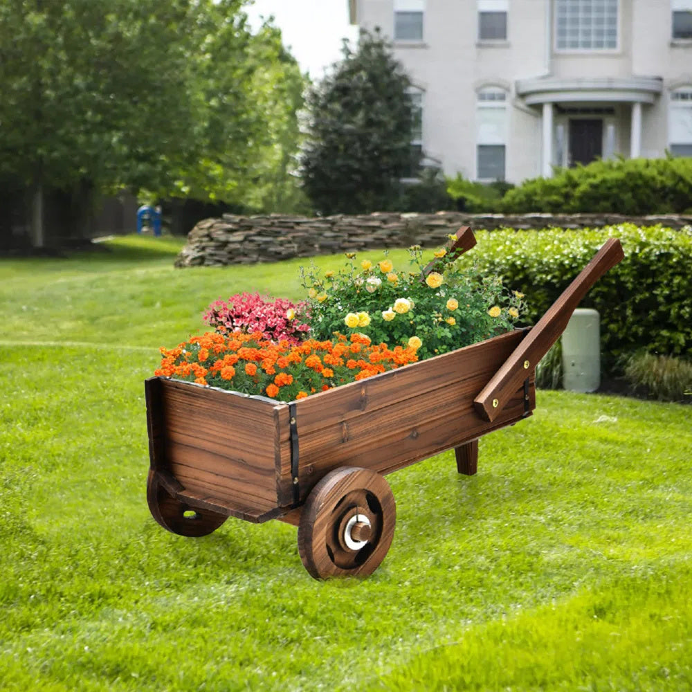 Wooden Wagon Planter Box With Wheels Handles And Drainage Hole My Store