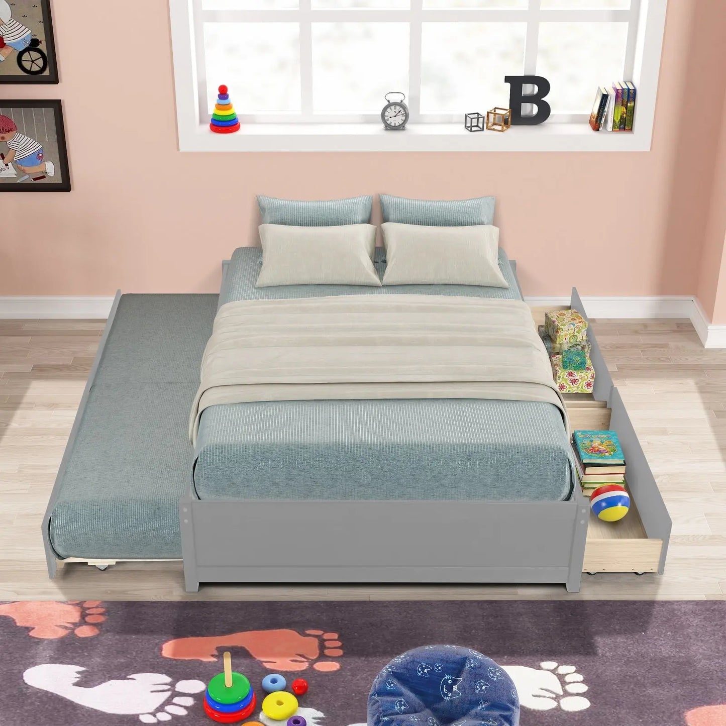 FULL BED WITH TWIN SIZE TRUNDLE AND TWO DRAWERS FOR GREY COLOR My Store
