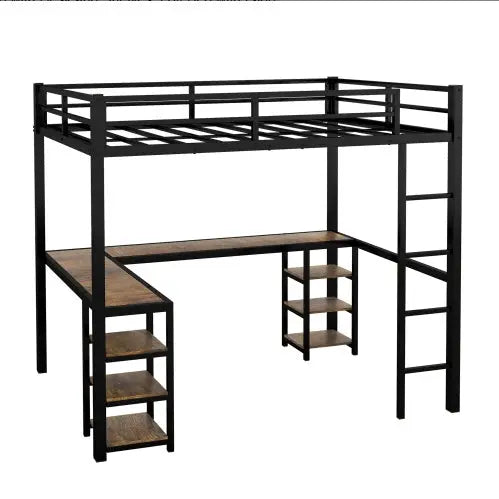 Full Metal Loft Bed With Desk And Shelves, Loft Bed With Ladder And Guardrails, Loft Bed Frame For Bedroom My Store
