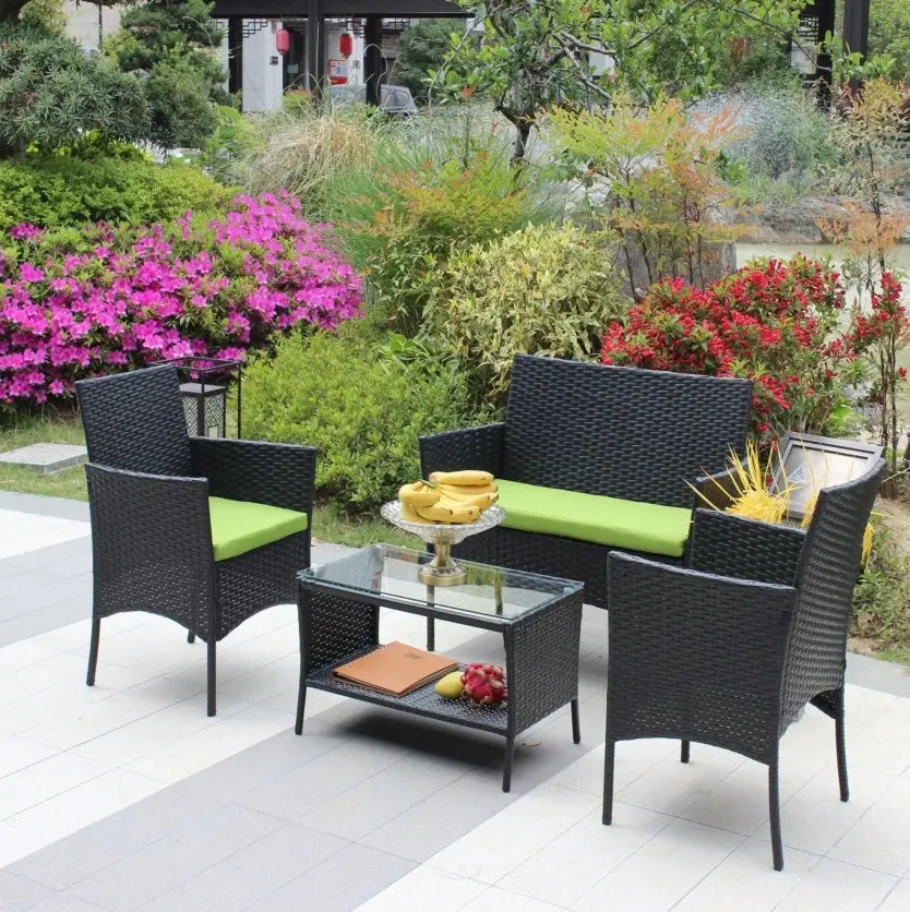 4PC Rattan Patio Furniture Set Outdoor Wicker Sofa W  Green Cushions My Store