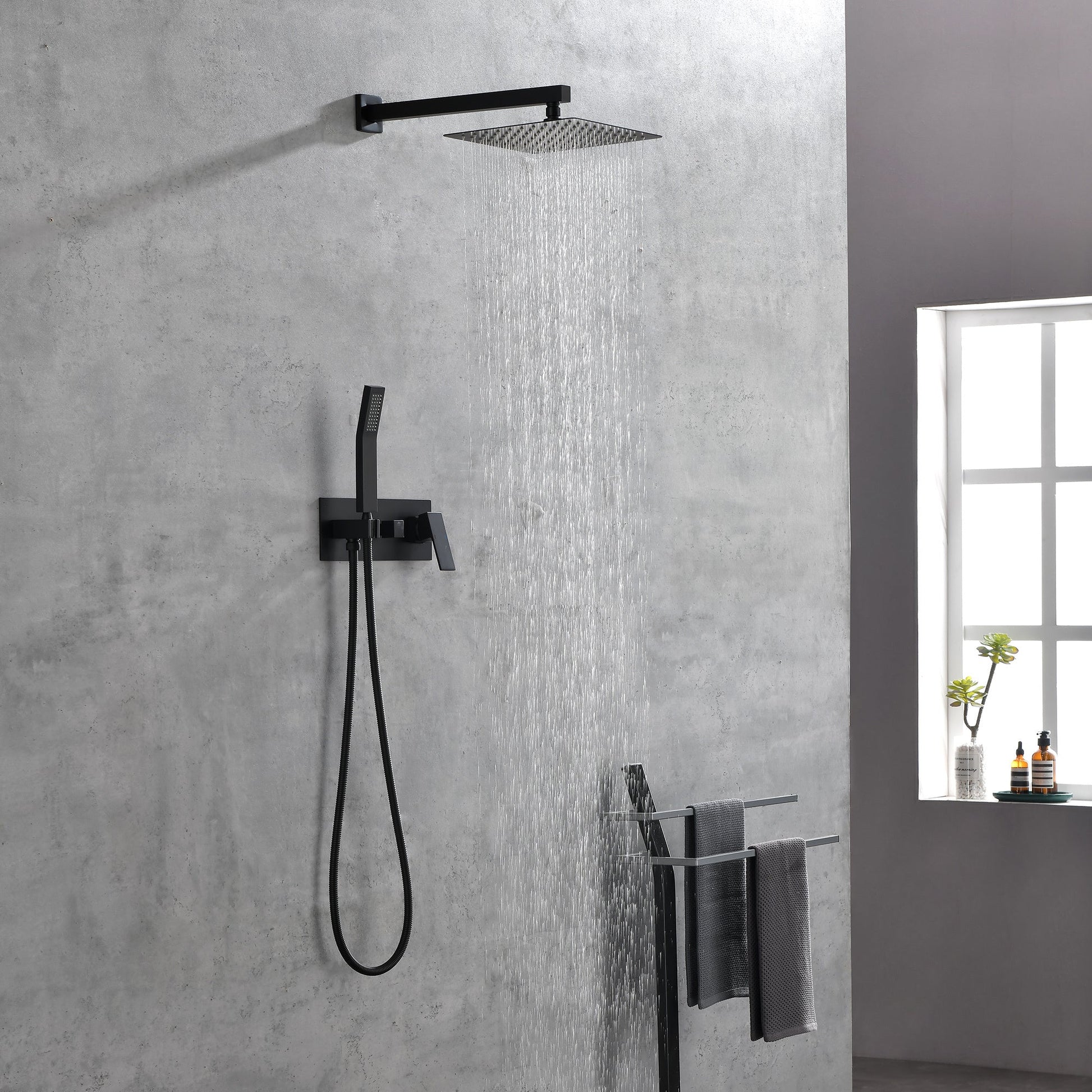 Brass Matte Black Shower Faucet With Shower System, 10 Inch Shower Head And Handheld Spray Inkedjoy