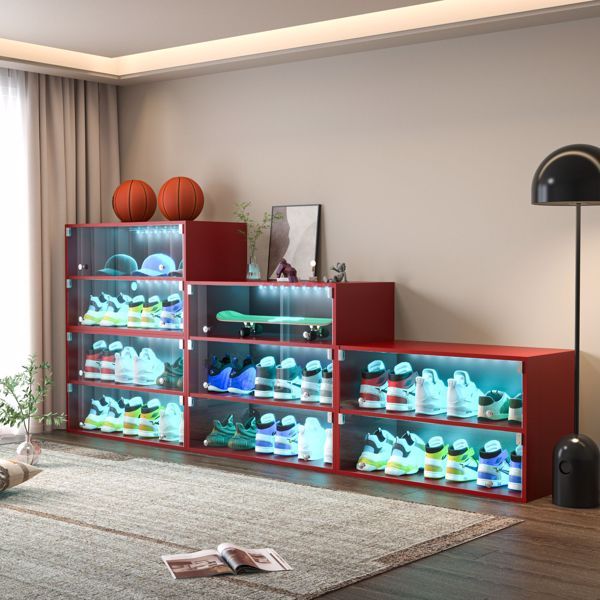 Red Glass Door Shoe Storage Cabinet LED Light - Single Inkedjoy