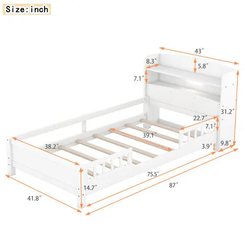 Wood Twin Size Platform Bed With Built-in LED Light, Storage Headboard And Guardrail, White My Store