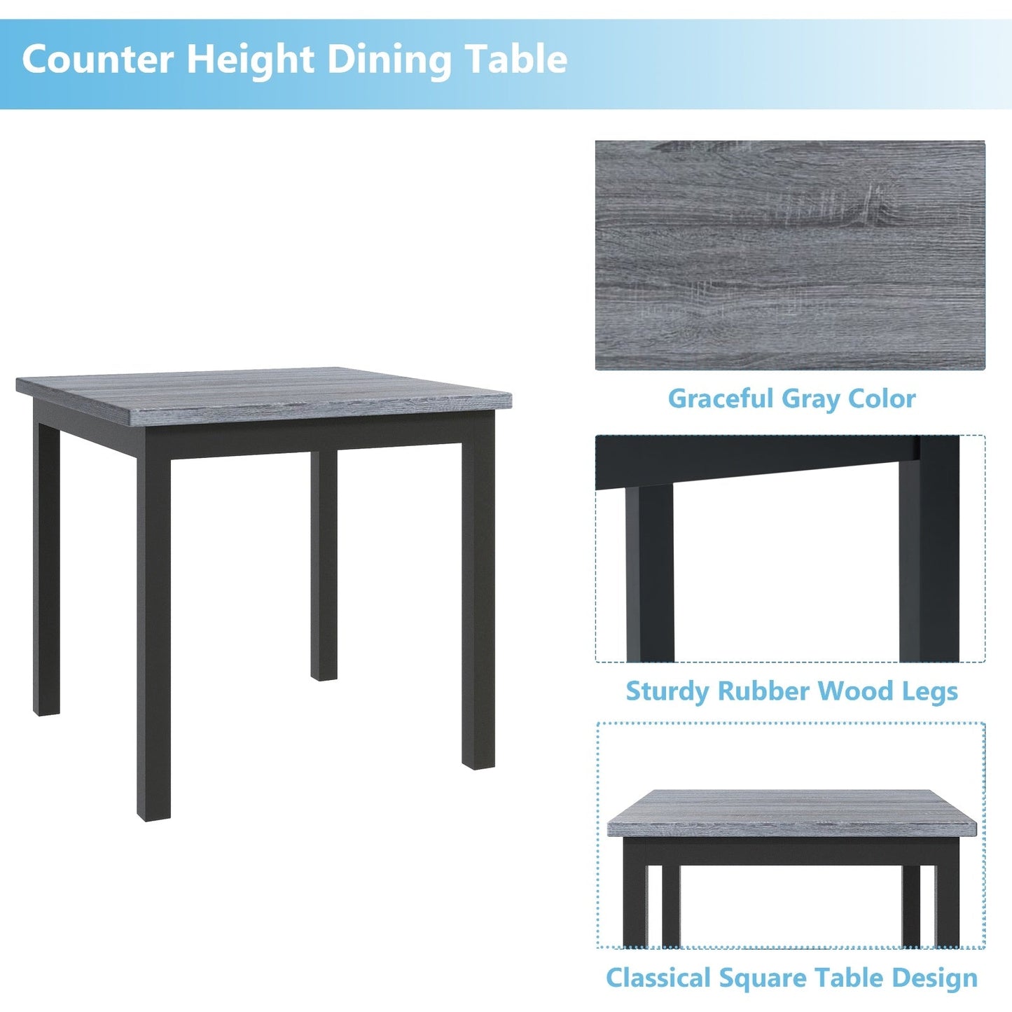 5-Piece Counter Height Dining Set, Wood Table Chairs Stools W Footrest Inkedjoy