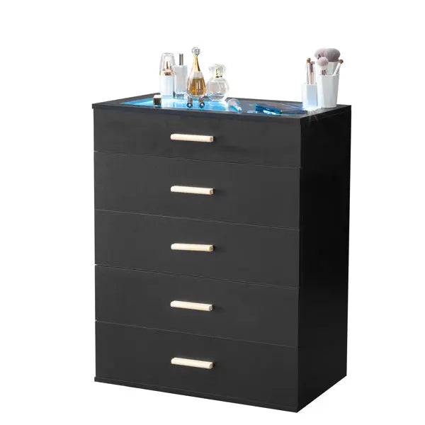 5-drawer Cabinet With Light Tempered Glass Cabinet And Bedside Table My Store