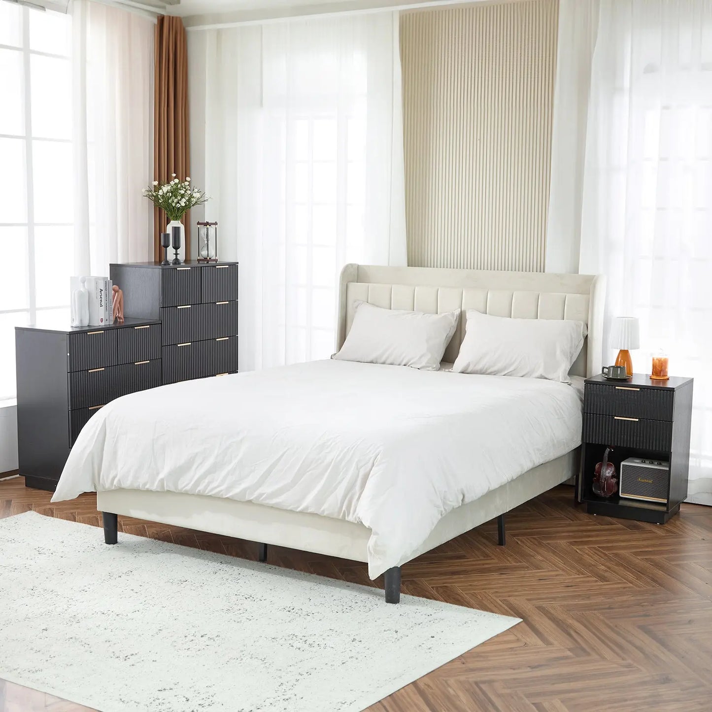 Black P2 Density Board, Wave Pattern Drawer Surface, 2 Drawer Bedside Cabinet 1pc My Store