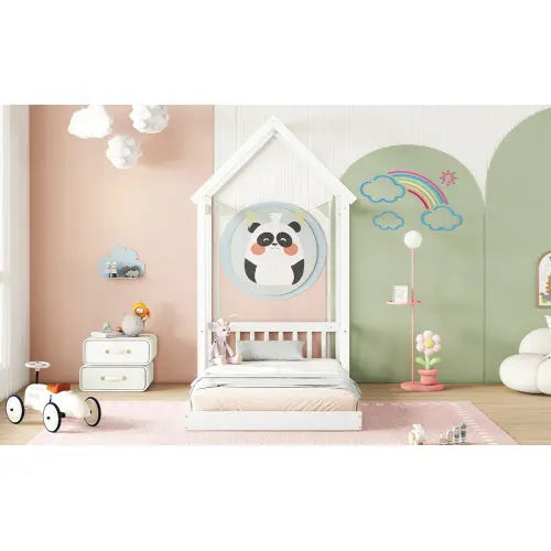 Twin House-shaped Roof Headboard Floor Bed,,without Slats,White My Store