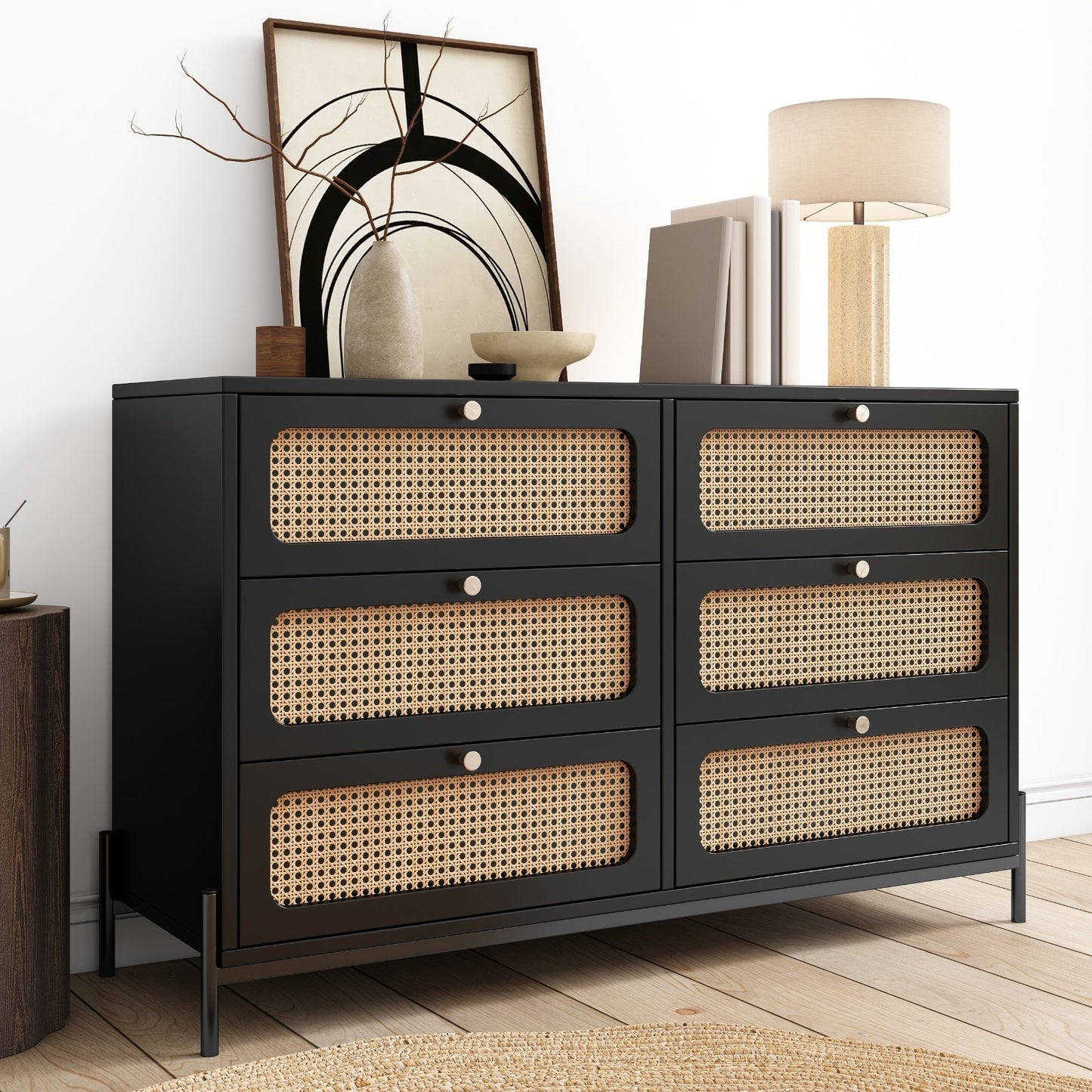 Modern Cannage Rattan Wood 6-Drawer Dresser Ohberri