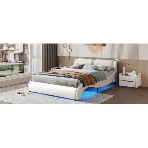 Queen Size Upholstered Faux Leather Platform Bed With LED Light Bed Frame With Slatted - White My Store