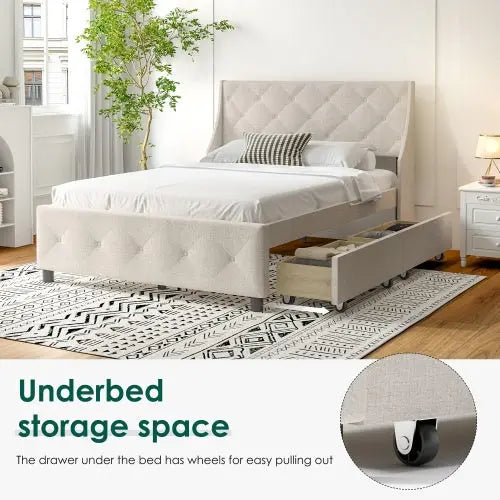 Queen Size Bed Frame With Storage Headboard, Metal Platform Bed My Store