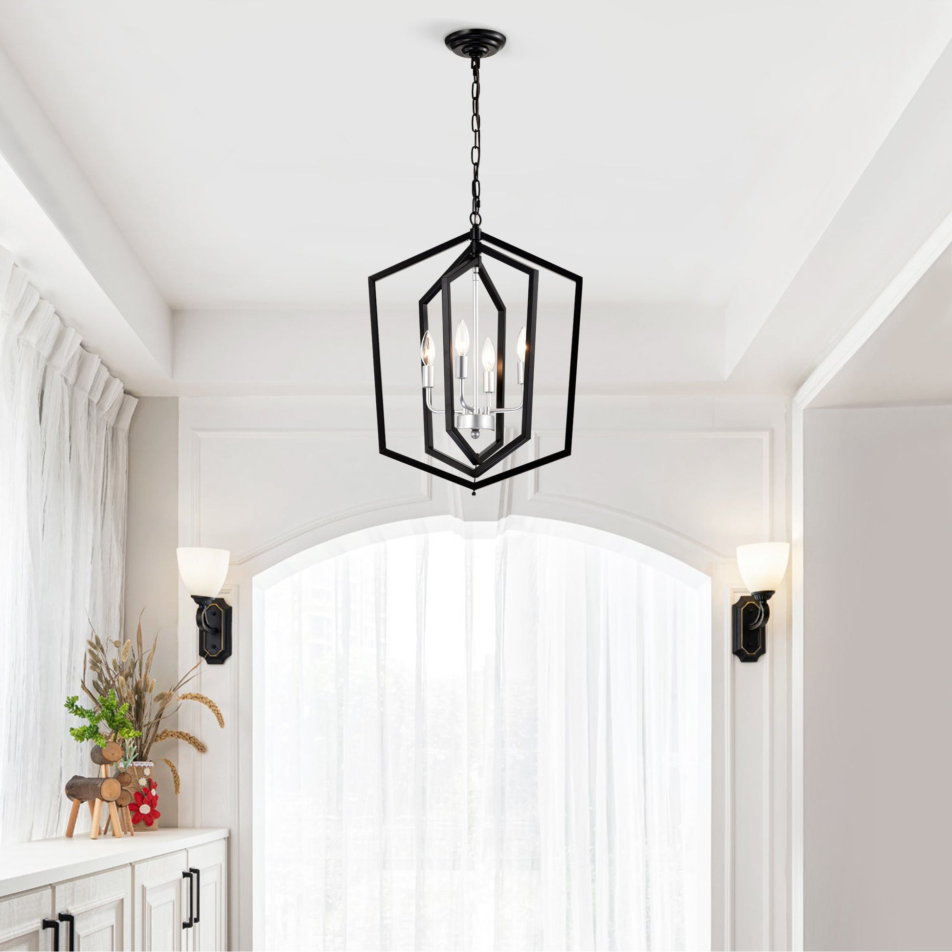 4-Light Farmhouse Kitchen Chandeliers, Matte Black And Sliver Vintage Rustic Cage Light Fixture Inkedjoy