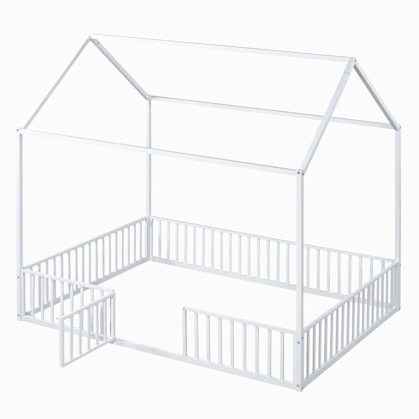 Full Size Metal House Bed With Fence And Door, White My Store