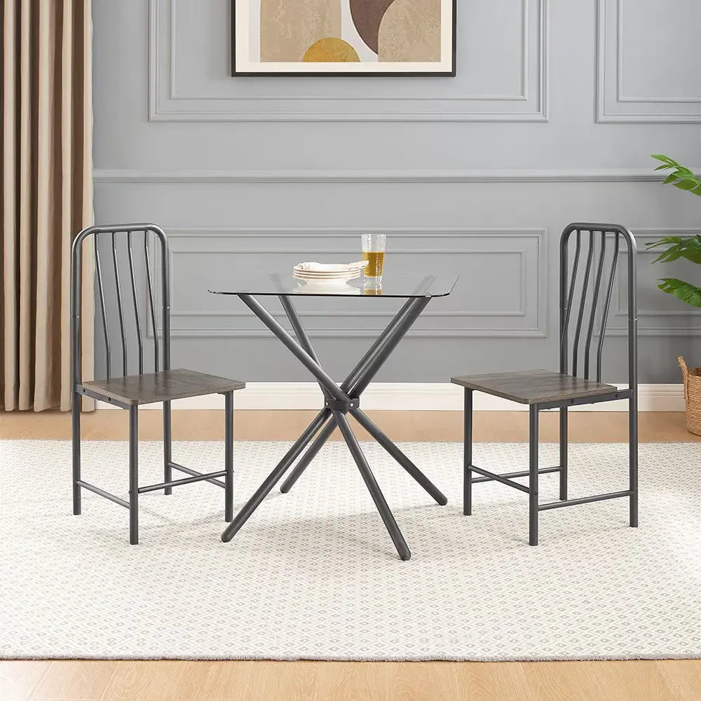 Dining Table Set For 2 People, Square Glass Tempered Dining Table With 4 Legs And 2 Metal Chairs My Store