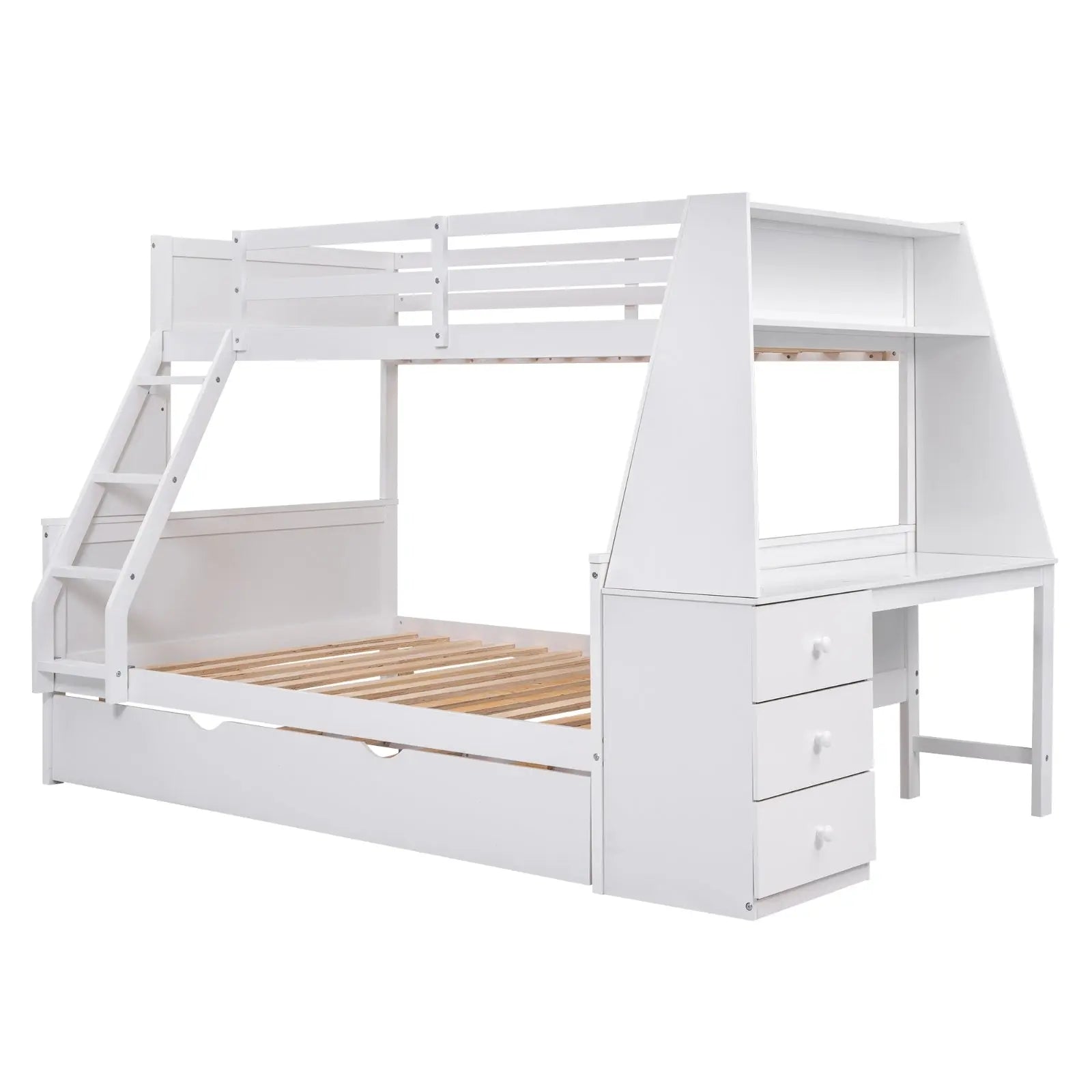 Twin Full Bunk Bed W  Trundle, Desk, 3 Drawers   Shelf - White My Store