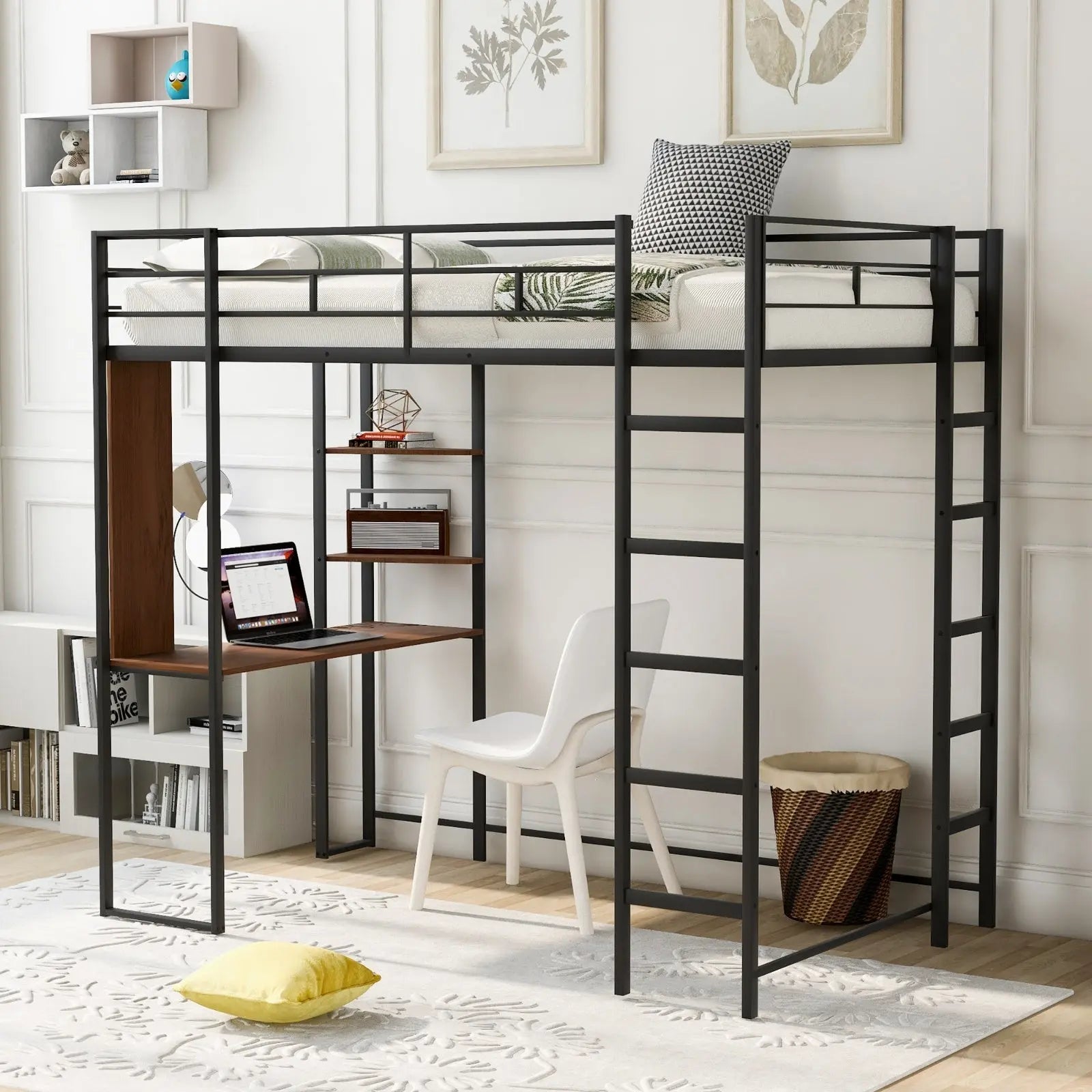 Twin Metal Loft Bed With 2 Shelves And One Desk ,BLACK My Store