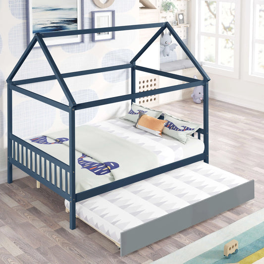 NAVY BLUE HOUSE FULL BED WITH TRUNDLE OF GREY COLOR My Store