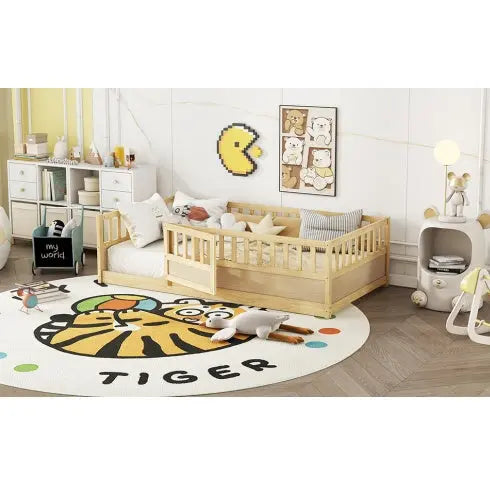 Twin Size Floor Bed, Integral Construction With Super High Security Barrier, Door, Children's Floor Bed Frame, Montessori Wooden Children's Floor Bed, Support Slat White My Store
