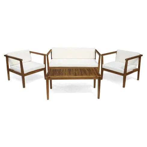 Outdoor 4-Seater Acacia Wood Chat Set With Coffee Table With Cushions, Teak And Beige My Store