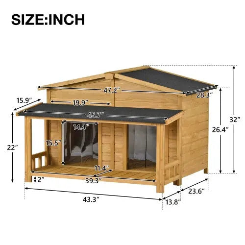 Large Wooden Dog House Outdoor Hut Style With Porch, 2 Doors My Store