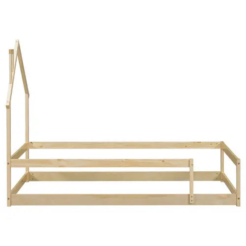 Twin Size Wood Bed With House-shaped Headboard Floor Bed With Fences,Natural My Store