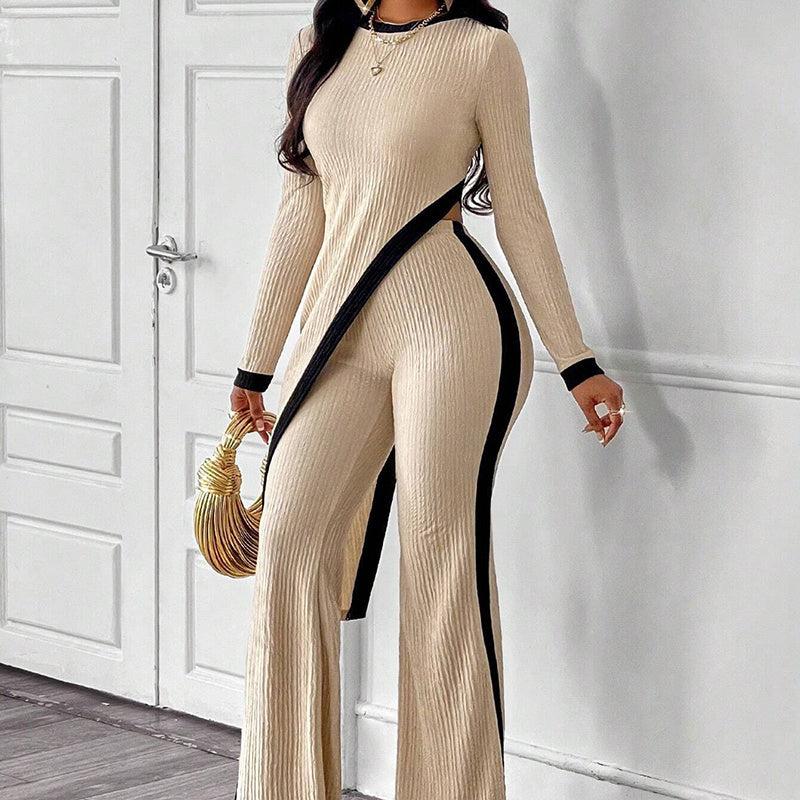 Women's 2 Piece Outfit Sexy Asymmetrical Hem Long Sleeve Top And Wide Leg Pants Sets Elegant Vacation Going Out Suit Inkedjoy