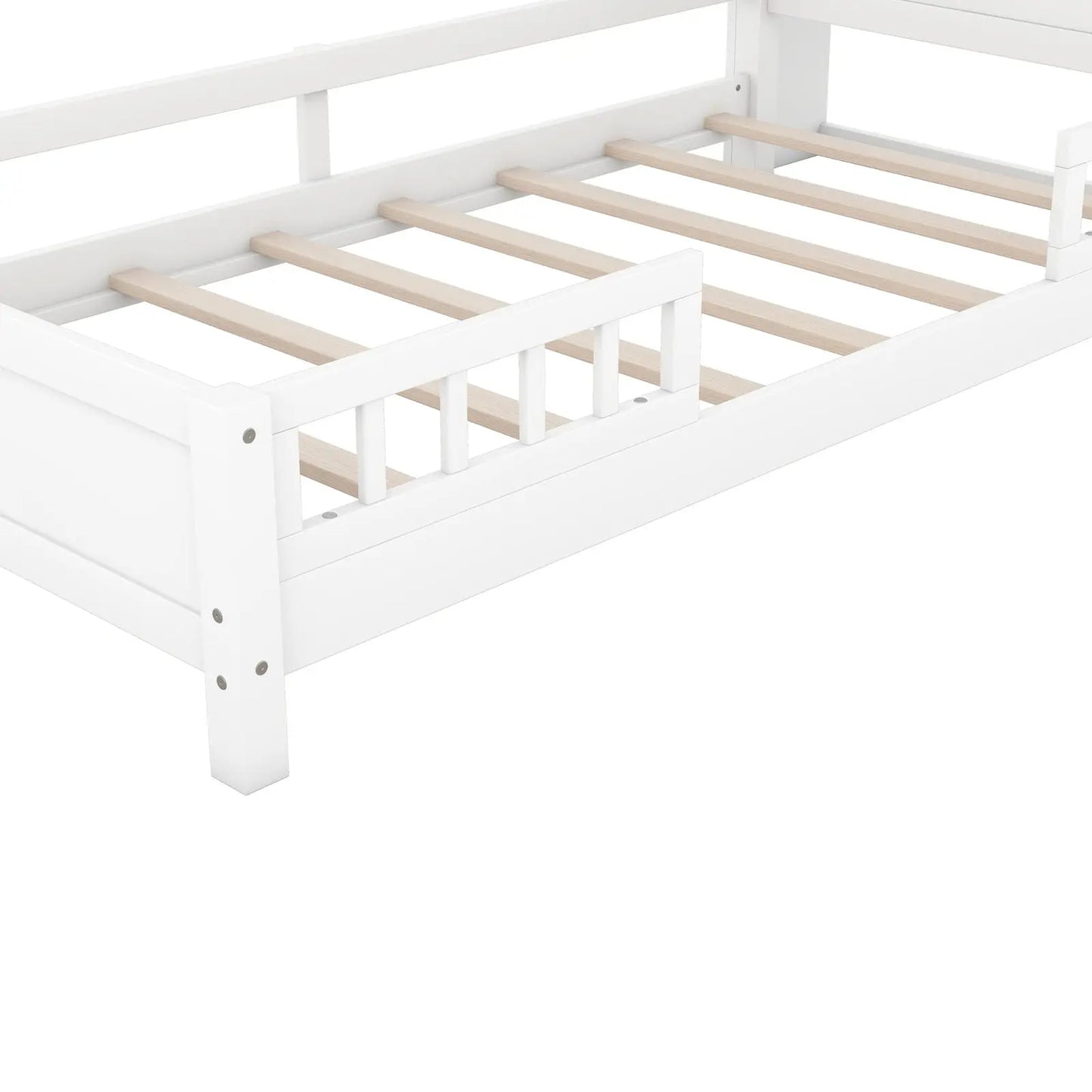 Twin Size Wood Platform Bed With LED, Storage Headboard & Guardrail, White My Store