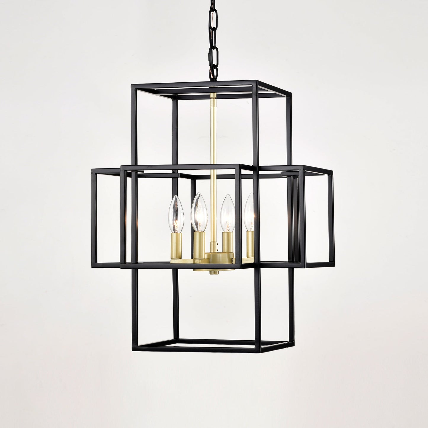 4-Light Metal Lantern Tiered Pendant Hanging Light Fixtures -Matte Black & Gold Inkedjoy