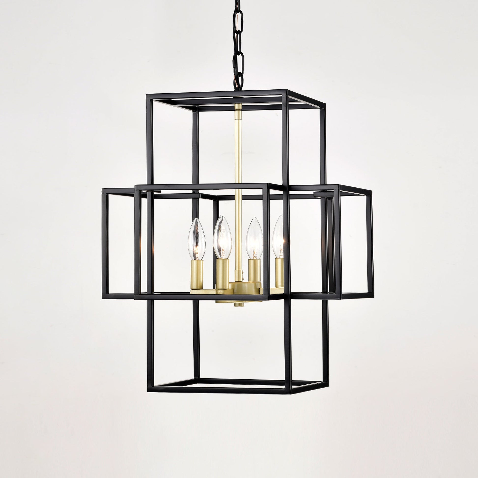 4-Light Metal Lantern Tiered Pendant Hanging Light Fixtures -Matte Black & Gold Inkedjoy