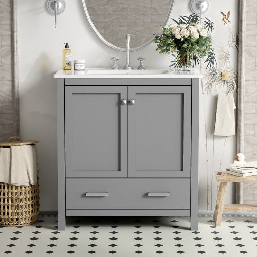Vanity With Single Sink, Combo Cabinet Undermount With 2 Doors And A Drawer- Gray Ohberri