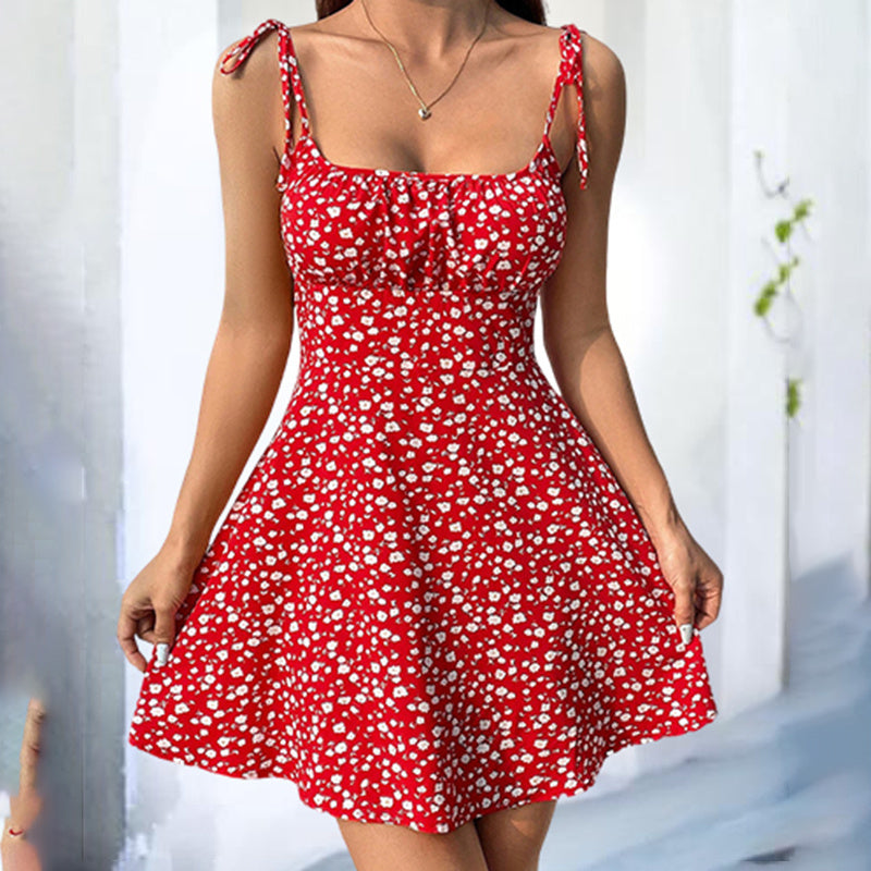 Womens Floral Mini Dress Spaghetti Strap Sleeveless Tie Shoulder Ruffle Summer Boho Dresses Inkedjoy