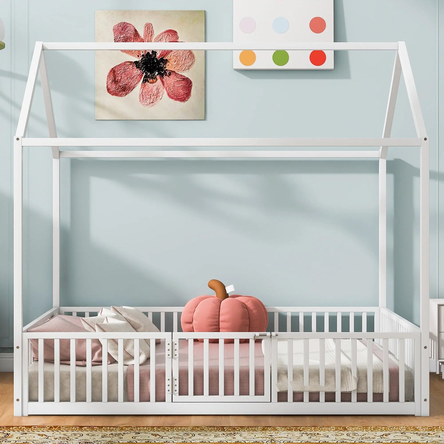 Full Size Metal House Bed With Fence And Door, White My Store