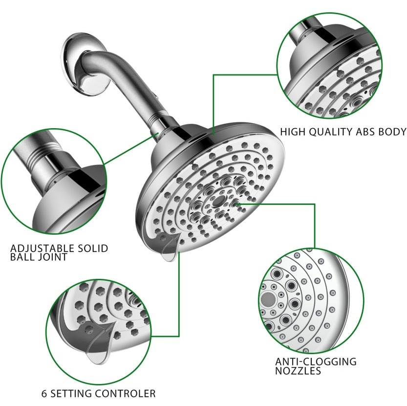 6 Spray Settings High Pressure 5 Rain Fixed Shower head - Brushed Nickel Inkedjoy