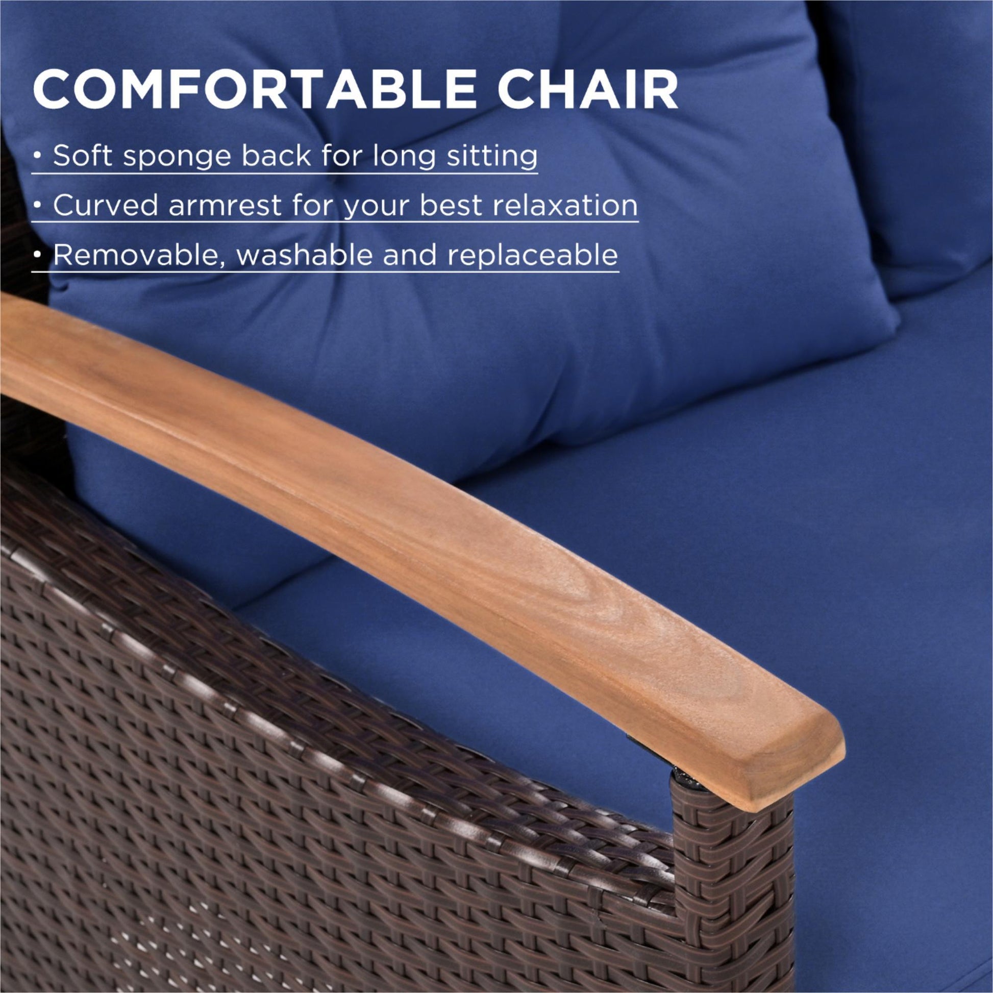 4-Piece Garden Furniture, Patio Seating Set, PE Rattan Outdoor Sofa Set, Wood Table And Legs, Brown And Blue Inkedjoy