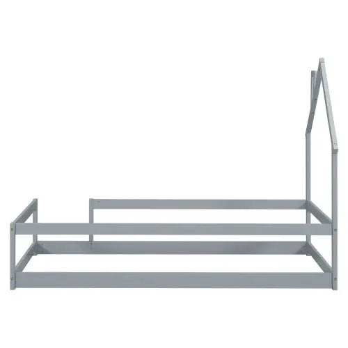 Twin Size Wood Bed With House-shaped Headboard Floor Bed With Fences,Grey My Store