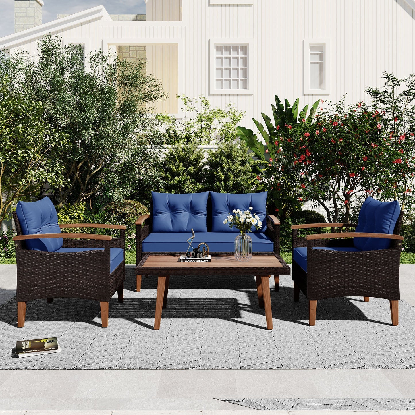 4-Piece Garden Furniture, Patio Seating Set, PE Rattan Outdoor Sofa Set, Wood Table And Legs, Brown And Blue Inkedjoy