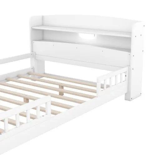 Wood Full Size Platform Bed With Built-in LED Light, Storage Headboard And Guardrail, White My Store