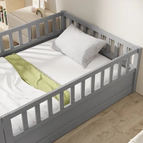 Twin Size Floor Bed, Integral Construction With Super High Security Barrier, Door, Children's Floor Bed Frame, Montessori Wooden Children's Floor Bed, Support Slat White My Store