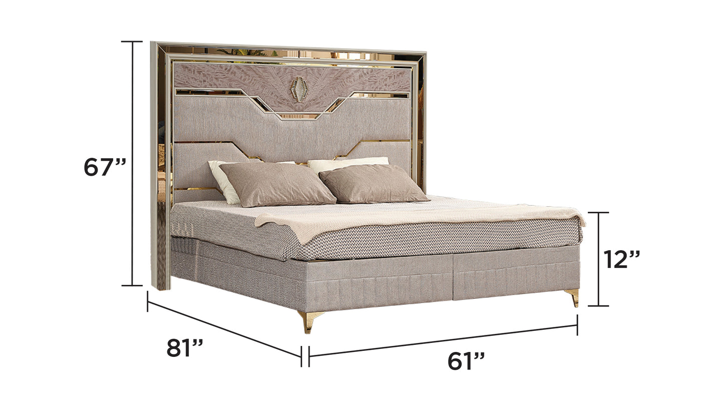 5 Piece Queen Upholstered Bedroom Set with Wood and Gold Accents in Beige - Ohberri