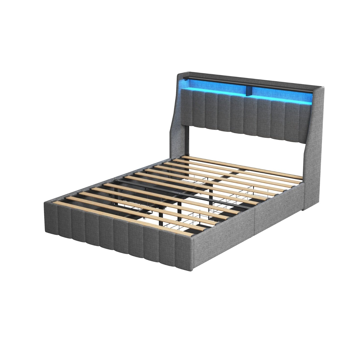 Queen Size Bed Frame With LED, Storage Drawers, Wings Headboard My Store