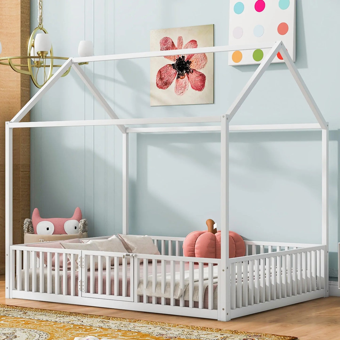 Full Size Metal House Bed With Fence And Door, White My Store