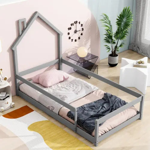 Twin Size Wood Bed With House-shaped Headboard Floor Bed With Fences,Grey My Store