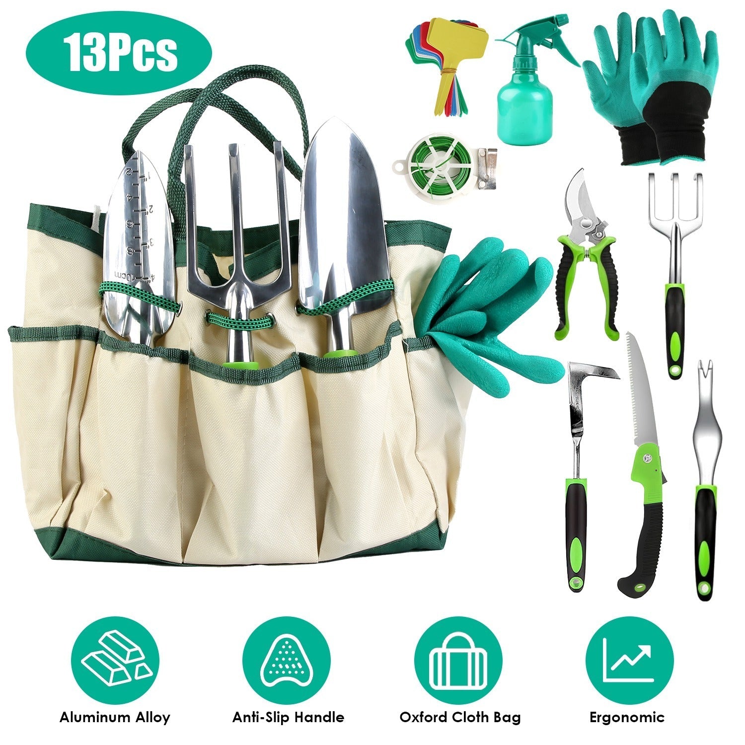 13Pcs Garden Tool Set Aluminum Alloy Gardening Hand Tools Starter Kit With Garden Bag Heavy Duty Inkedjoy