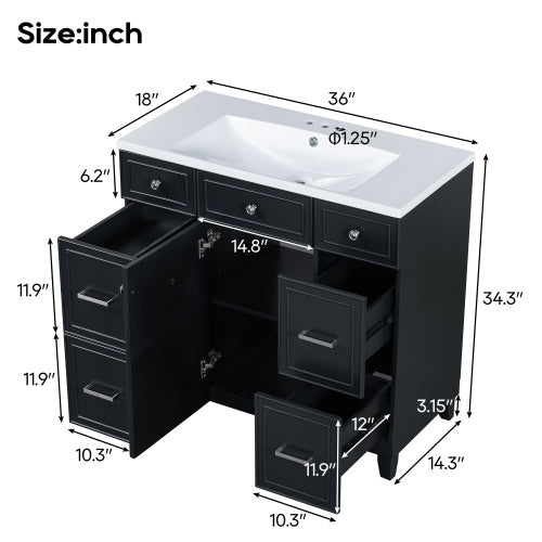 Vanity Cabinet With Sink Top Combo Set  And 3 Drawers- Black Ohberri