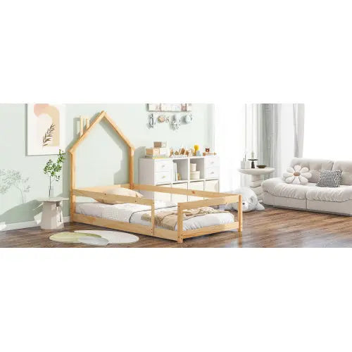 Twin Size Wood Bed With House-shaped Headboard Floor Bed With Fences,Natural My Store
