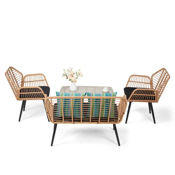 Yellow Round Rattan, Black Seat Cushion, Braided Rattan Four-piece Set My Store